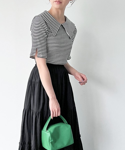 JUNOAH（ジュノア）の「ビッグカラー5分袖ボーダーリブトップス（Tシャツ/カットソー・レディース・ブラック/ネイビー/ブラウン・MEDIUM/LARGE/X-LARGE/SMALL）」の7枚目の写真