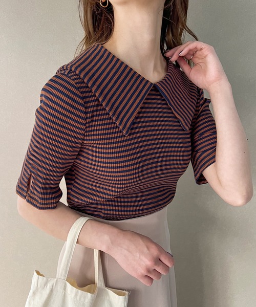 JUNOAH（ジュノア）の「ビッグカラー5分袖ボーダーリブトップス（Tシャツ/カットソー・レディース・ブラック/ネイビー/ブラウン・MEDIUM/LARGE/X-LARGE/SMALL）」の11枚目の写真