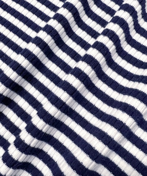 JUNOAH（ジュノア）の「ビッグカラー5分袖ボーダーリブトップス（Tシャツ/カットソー・レディース・ブラック/ネイビー/ブラウン・MEDIUM/LARGE/X-LARGE/SMALL）」の9枚目の写真