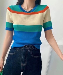 me+em select | ミックスマルチボーダー半袖リブニットトップス(ニット/セーター)