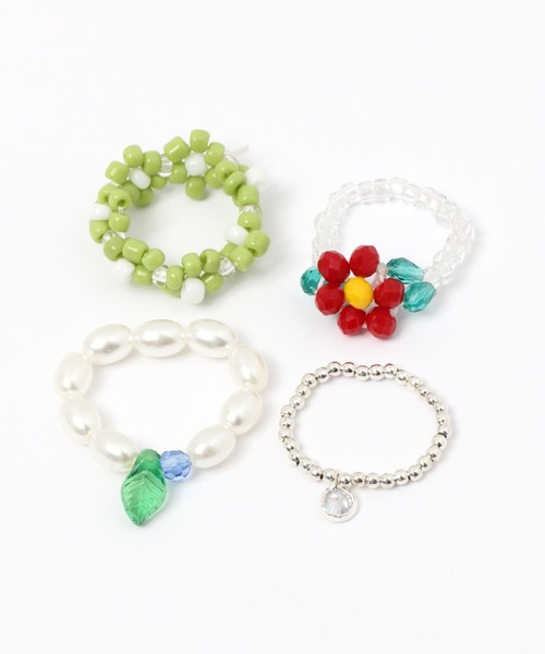 GLOBAL WORK（グローバルワーク）の「4PCSビーズリングセット/349563（リング・レディース・レッド/オフホワイト/グリーン/グリーン系その他4・FREE）」の3枚目の写真