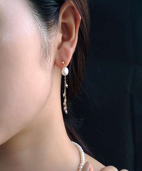 K14GF 2way パール×ホワイトトパーズバックしゃら ピアス（ピアス（両耳用））｜NOIR DE POUPEE（ノワールドプーペ）