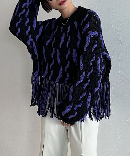 PAGEBOY（ページボーイ）の「CORE / ハンドケーブルフリンジプルオーバー（ニット/セーター・レディース・ブラック/オフホワイト・FREE）」の20枚目の写真