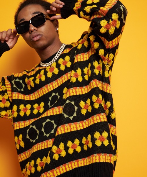 GALLIS ADDICTION(ガリスアディクション)の「GA FLOWER JACQUARD KNIT CREW(ニット/セーター・メンズ・ブラック/サックスブルー・FREE)」の2枚目の写真