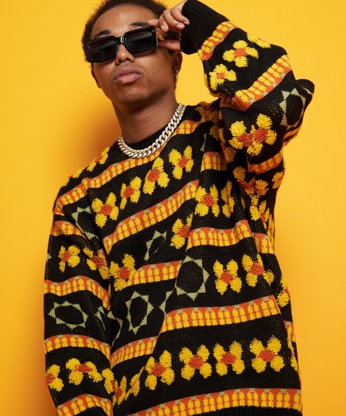 GALLIS ADDICTION(ガリスアディクション)の「GA FLOWER JACQUARD KNIT CREW(ニット/セーター・メンズ・ブラック/サックスブルー・FREE)」の3枚目の写真