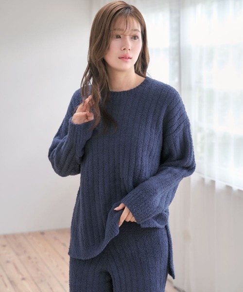 aimerfeel（エメフィール）の「【ふんわりやわらかくお腹にフィット・温活にも】リブモールニット 腹巻付き ルームウェア 上下 セットアップ ギフト プレゼント（ルームウェア/パジャマ・レディース・チャコールグレー/ベージュ/ピンク/ブラック/ブラウン/パープル/ベビーピンク/ライトグリーン/プラム/ピンクベージュ/グレイッシュブルー/ホワイト/シルバーグレー/ネイビー・MEDIUM/LARGE）」の19枚目の写真