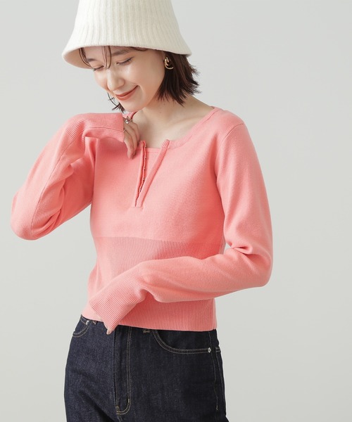 N.(N. Natural Beauty Basic)(エヌエヌナチュラルビューティーベーシック)の「◆フロントホックヘンリーニット(ニット/セーター・レディース・ネイビー/オフホワイト/ピンク/グレー・MEDIUM)」の12枚目の写真