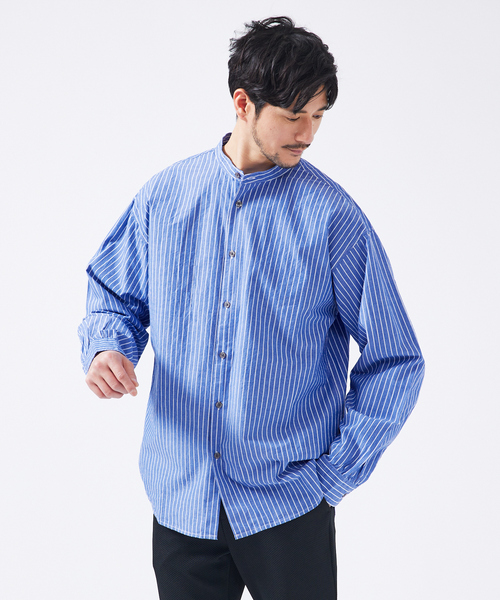 ABAHOUSE GRAY(アバハウスグレイ)の「【Natural Cotton】バンドカラー ストライプシャツ(シャツ/ブラウス・メンズ・ブルー/グレイッシュベージュ/グリーン・46/48/50)」の1枚目の写真