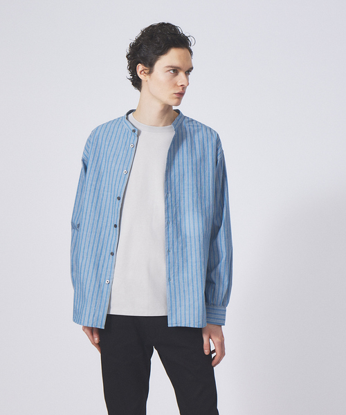 ABAHOUSE GRAY(アバハウスグレイ)の「【Natural Cotton】バンドカラー ストライプシャツ(シャツ/ブラウス・メンズ・ブルー/グレイッシュベージュ/グリーン・46/48/50)」の3枚目の写真