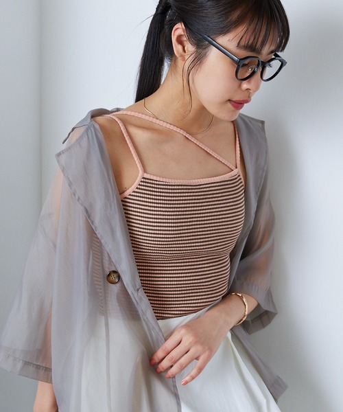 forksy.（フォルクシー）の「【forksy.】リブマイクロボーダーアシンメトリーストラップカップ付きキャミソール（キャミソール・レディース・カーキ/ブラック/ブルー/オフホワイト/ブラウン・FREE）」の3枚目の写真