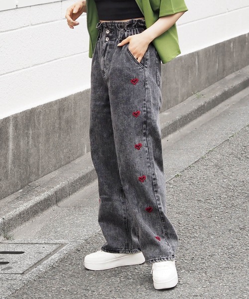 tiptop（ティップトップ）の「ハート刺繍ハイウエストパンツ（デニムパンツ・レディース・ブラック/サックスブルー・FREE）」の7枚目の写真