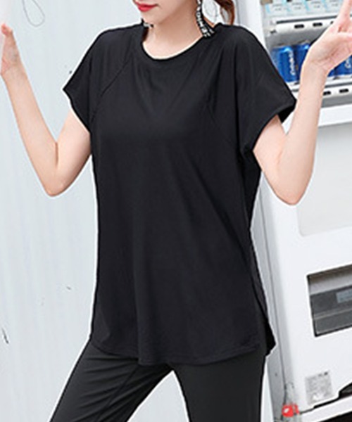 スリア　ヨガやピラティス用　グレー 丸首Tシャツ レディース 半袖サイドスリットきれいめヨガウェアトップス ピラティス