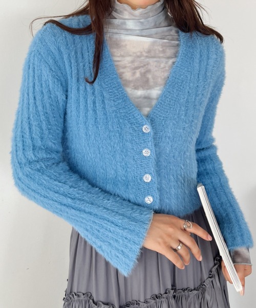 CLEA（クレア）の「フレアスリーブシャギーニットショート丈カーディガントップス（カーディガン/ボレロ・レディース・ブラック/ブルー/グレー/ピンク/ホワイト・FREE）」の21枚目の写真