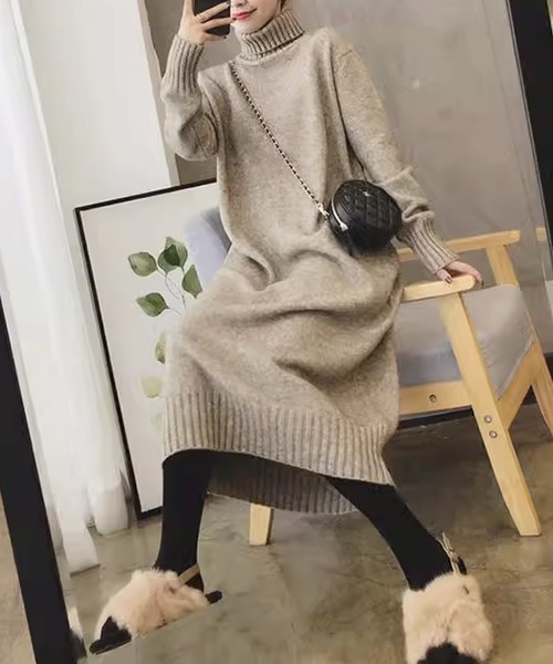 シティショップ タートルネックニットロングワンピース カーキ ワンピース