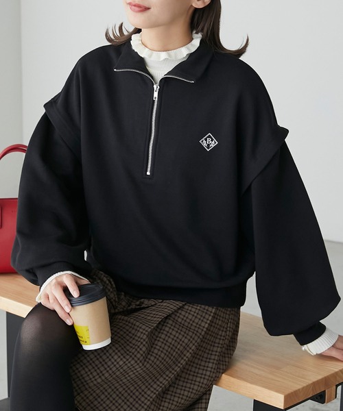 BONLECILL(ボンルシール)の「2way エンブレム刺繍 ハーフジップスウェットプルオーバー(スウェット・レディース・ネイビー/グレー/レッド/ブラック・FREE)」の2枚目の写真