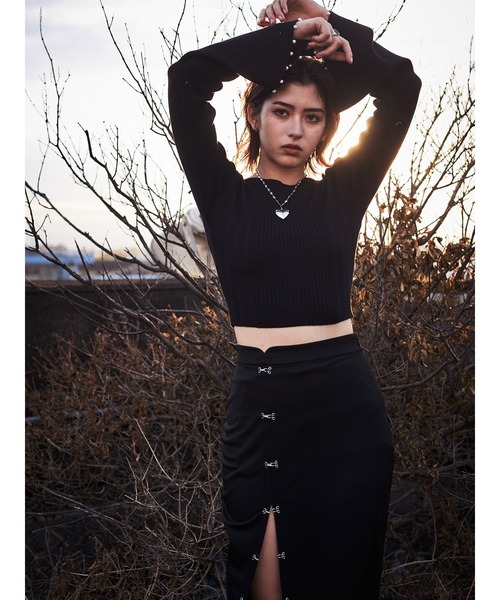 DURAS（デュラス）の「袖パール付きフレアニット（ニット/セーター・レディース・ブラック/ライム/ピンク・FREE）」の17枚目の写真