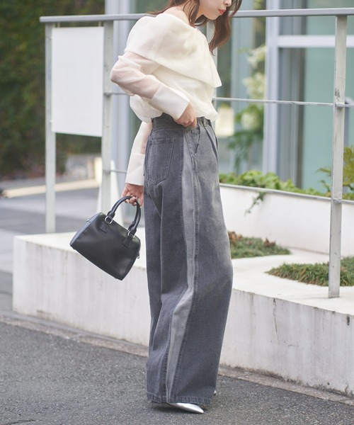 ワイドシルエット サイドベルト ハードダメージデニムパンツ