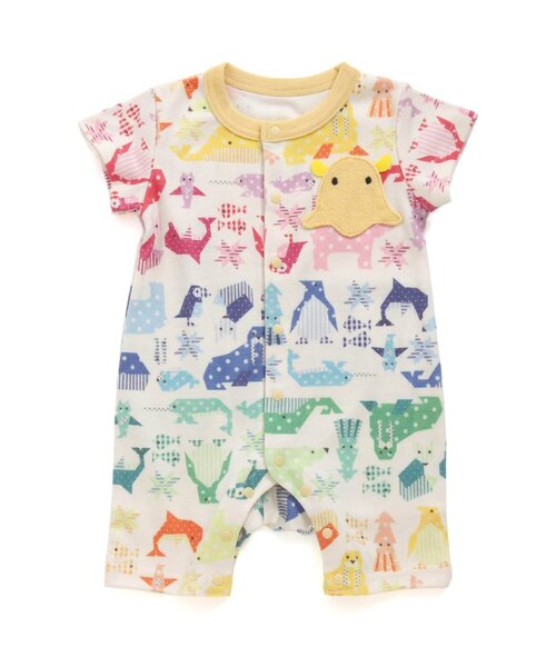 海の深さボーダー柄&海の動物パッチワーク柄ロンパス（ロンパース