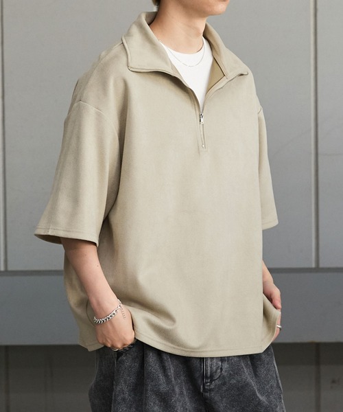 Anchor Smith(アンカー スミス)の「ハーフジップ ビッグカラー 半袖ブラッシュドプルオーバー(Tシャツ/カットソー・メンズ・ダークグリーン/グレイッシュベージュ/ベージュ/ライトグレー/アイボリー/ブラック/グレイッシュブルー/ダークグレー・M/L)」の5枚目の写真