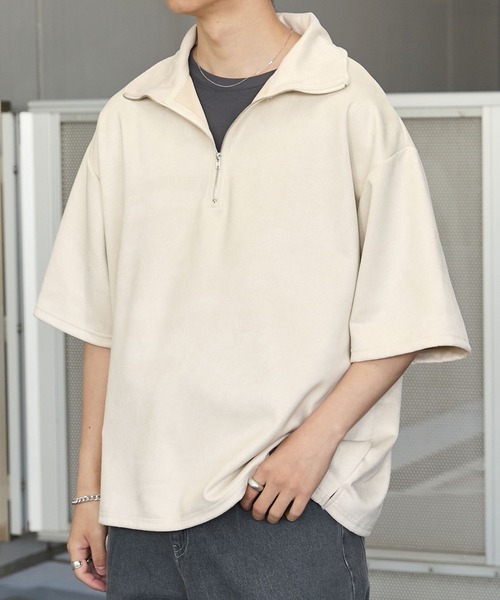 Anchor Smith(アンカー スミス)の「ハーフジップ ビッグカラー 半袖ブラッシュドプルオーバー(Tシャツ/カットソー・メンズ・ダークグリーン/グレイッシュベージュ/ベージュ/ライトグレー/アイボリー/ブラック/グレイッシュブルー/ダークグレー・M/L)」の2枚目の写真
