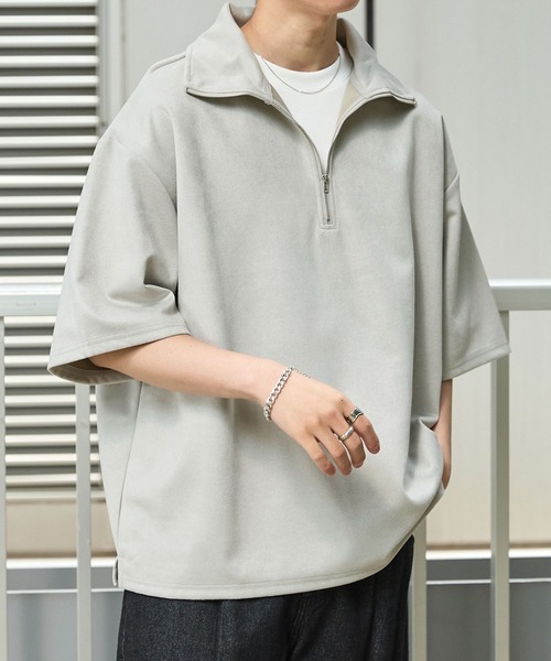 Anchor Smith(アンカー スミス)の「ハーフジップ ビッグカラー 半袖ブラッシュドプルオーバー(Tシャツ/カットソー・メンズ・ダークグリーン/グレイッシュベージュ/ベージュ/ライトグレー/アイボリー/ブラック/グレイッシュブルー/ダークグレー・M/L)」の3枚目の写真