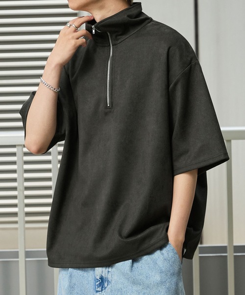 Anchor Smith(アンカー スミス)の「ハーフジップ ビッグカラー 半袖ブラッシュドプルオーバー(Tシャツ/カットソー・メンズ・ダークグリーン/グレイッシュベージュ/ベージュ/ライトグレー/アイボリー/ブラック/グレイッシュブルー/ダークグレー・M/L)」の4枚目の写真