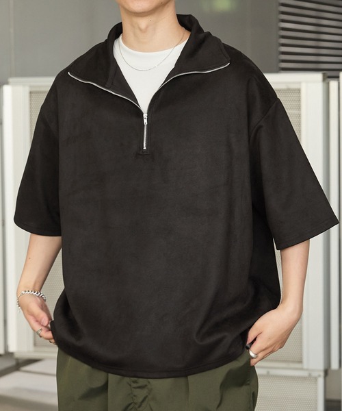Anchor Smith(アンカー スミス)の「ハーフジップ ビッグカラー 半袖ブラッシュドプルオーバー(Tシャツ/カットソー・メンズ・ダークグリーン/グレイッシュベージュ/ベージュ/ライトグレー/アイボリー/ブラック/グレイッシュブルー/ダークグレー・M/L)」の10枚目の写真