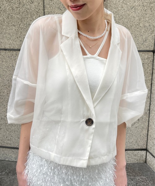 Meli rich（メリーリッチ）の「オーガンジーコクーン袖ショートジャケット（テーラードジャケット・レディース・ブラック/オフホワイト・FREE）」の18枚目の写真