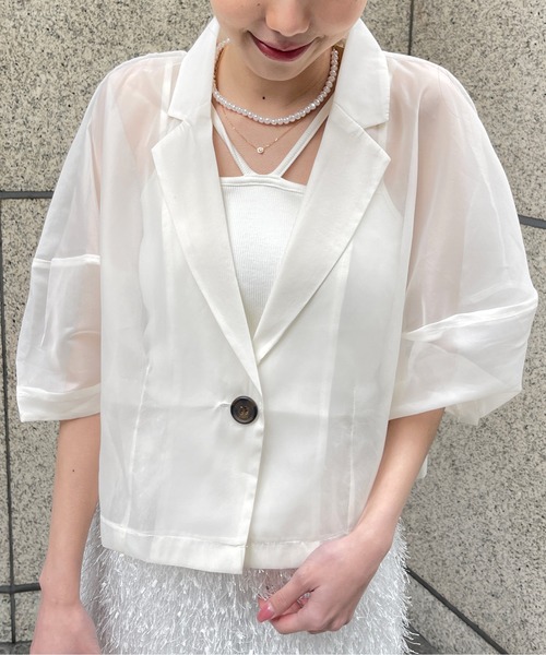 Meli rich（メリーリッチ）の「オーガンジーコクーン袖ショートジャケット（テーラードジャケット・レディース・ブラック/オフホワイト・FREE）」の19枚目の写真
