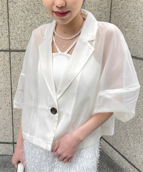 Meli rich（メリーリッチ）の「オーガンジーコクーン袖ショートジャケット（テーラードジャケット・レディース・ブラック/オフホワイト・FREE）」の20枚目の写真