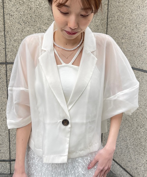 Meli rich（メリーリッチ）の「オーガンジーコクーン袖ショートジャケット（テーラードジャケット・レディース・ブラック/オフホワイト・FREE）」の21枚目の写真