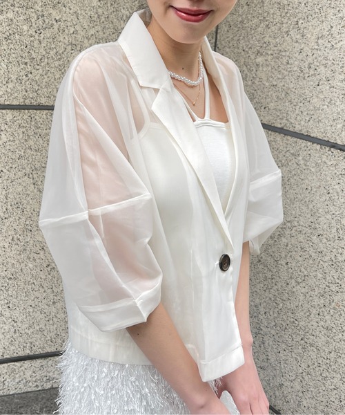 Meli rich（メリーリッチ）の「オーガンジーコクーン袖ショートジャケット（テーラードジャケット・レディース・ブラック/オフホワイト・FREE）」の22枚目の写真