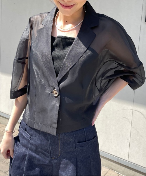 Meli rich（メリーリッチ）の「オーガンジーコクーン袖ショートジャケット（テーラードジャケット・レディース・ブラック/オフホワイト・FREE）」の6枚目の写真