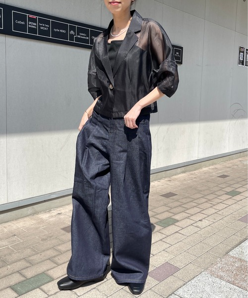 Meli rich（メリーリッチ）の「オーガンジーコクーン袖ショートジャケット（テーラードジャケット・レディース・ブラック/オフホワイト・FREE）」の8枚目の写真