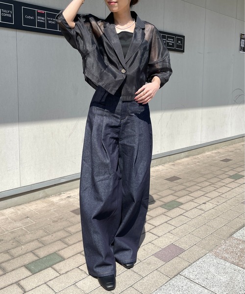 Meli rich（メリーリッチ）の「オーガンジーコクーン袖ショートジャケット（テーラードジャケット・レディース・ブラック/オフホワイト・FREE）」の9枚目の写真