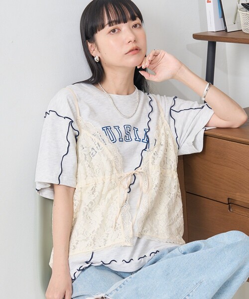 FREAK'S STORE(フリークスストア)の「配色ロゴメローTシャツ(Tシャツ/カットソー・レディース・ライトグレー/オフホワイト/ピンク/チャコール・フリ-)」の2枚目の写真