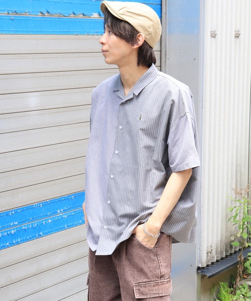 DOUBLE NAME（ダブルネーム）の「【m:rex】ミニ恐竜ワッペン5分袖ストライプシャツ（シャツ/ブラウス・メンズ・ブルー/グレー/ベージュ/オレンジ・FREE）」の14枚目の写真