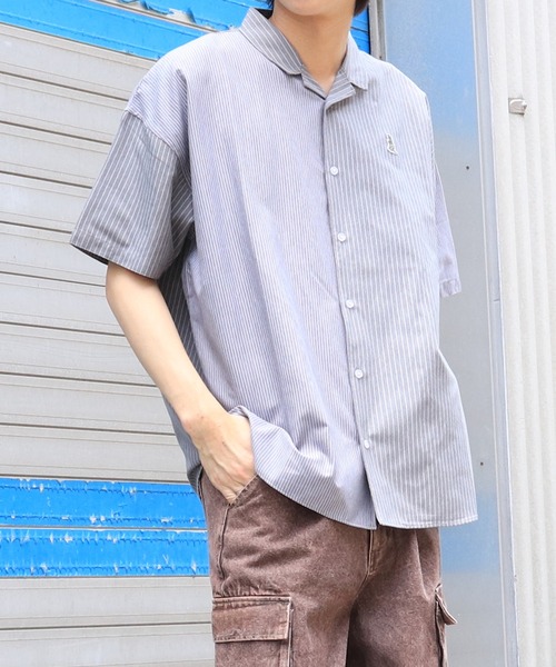 DOUBLE NAME（ダブルネーム）の「【m:rex】ミニ恐竜ワッペン5分袖ストライプシャツ（シャツ/ブラウス・メンズ・ブルー/グレー/ベージュ/オレンジ・FREE）」の16枚目の写真