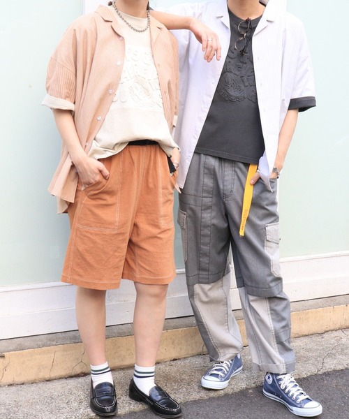 DOUBLE NAME（ダブルネーム）の「【m:rex】ミニ恐竜ワッペン5分袖ストライプシャツ（シャツ/ブラウス・メンズ・ブルー/グレー/ベージュ/オレンジ・FREE）」の21枚目の写真