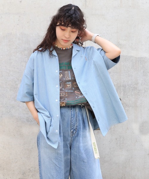 DOUBLE NAME（ダブルネーム）の「【m:rex】ミニ恐竜ワッペン5分袖ストライプシャツ（シャツ/ブラウス・メンズ・ブルー/グレー/ベージュ/オレンジ・FREE）」の22枚目の写真