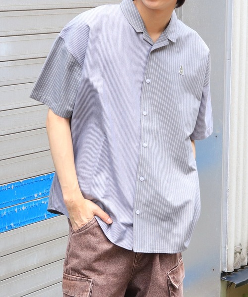 DOUBLE NAME（ダブルネーム）の「【m:rex】ミニ恐竜ワッペン5分袖ストライプシャツ（シャツ/ブラウス・メンズ・ブルー/グレー/ベージュ/オレンジ・FREE）」の13枚目の写真