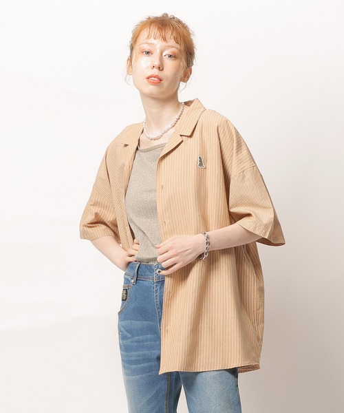 DOUBLE NAME（ダブルネーム）の「【m:rex】ミニ恐竜ワッペン5分袖ストライプシャツ（シャツ/ブラウス・メンズ・ブルー/グレー/ベージュ/オレンジ・FREE）」の6枚目の写真