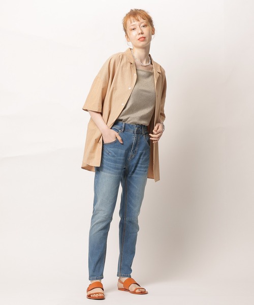 DOUBLE NAME（ダブルネーム）の「【m:rex】ミニ恐竜ワッペン5分袖ストライプシャツ（シャツ/ブラウス・メンズ・ブルー/グレー/ベージュ/オレンジ・FREE）」の7枚目の写真