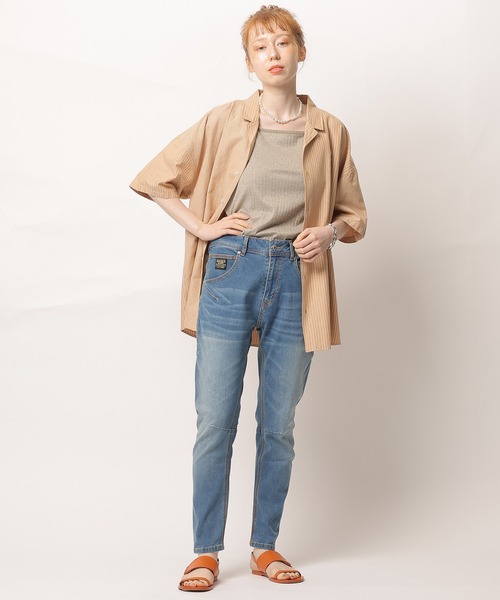 DOUBLE NAME（ダブルネーム）の「【m:rex】ミニ恐竜ワッペン5分袖ストライプシャツ（シャツ/ブラウス・メンズ・ブルー/グレー/ベージュ/オレンジ・FREE）」の8枚目の写真