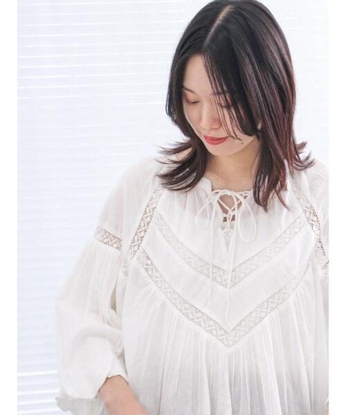 Samansa Mos2 blue(サマンサモスモスブルー)の「【Made in India】レース切替ブラウス(シャツ/ブラウス・レディース・グリーン/オフホワイト/ブラック・F)」の1枚目の写真