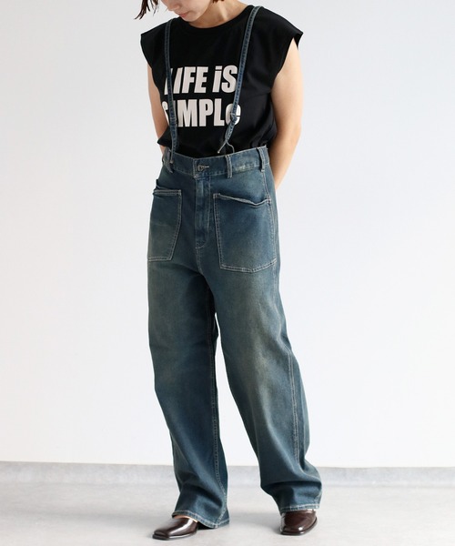 HELLO LUPO サスペンダー付きデニムパンツ 6/7 小さいサイズ すごく伸びるテーパードデニムパンツ 低身長さん