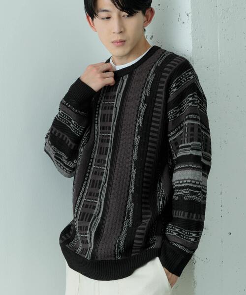ITEMS URBANRESEARCH(アイテムズ アーバンリサーチ)の「マルチジャカード クルーネックニット(ニット/セーター・メンズ・ブラック/ブラウン・MEDIUM/LARGE)」の1枚目の写真