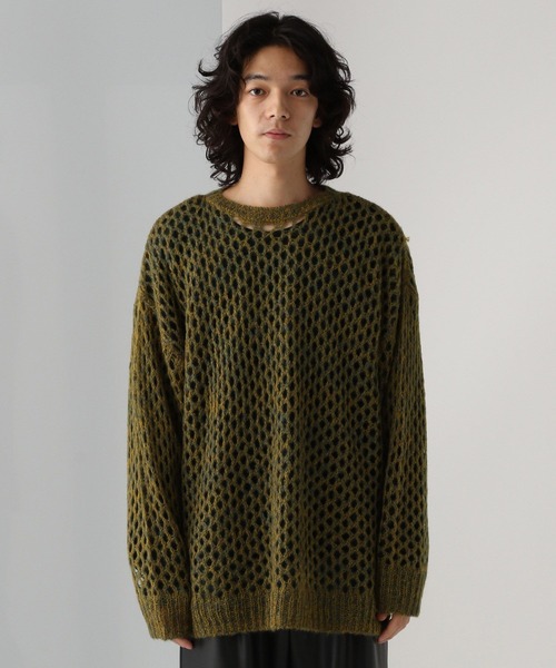 sahara モヘア混メッシュオーバーバイカラーニット　ブルー sahara モヘア混メッシュオーバーバイカラーニット ブルー トップス