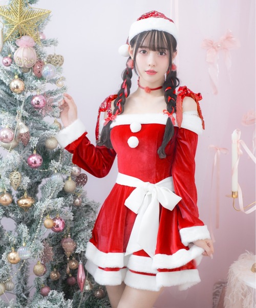 グリッターリボン2段フレアサンタコスプレ【サンタコス 4点セット】（コスチューム/パーティーグッズ）｜sugar nine（シュガーナイン）