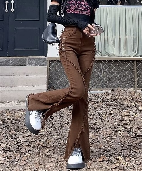 ブラウン フレアパンツ レースアップ